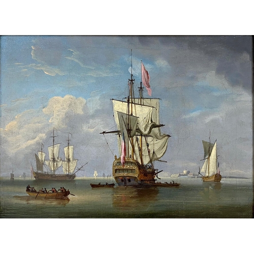 633 - Peter Monamy (1681-1749) - Pair of marine studies with warships and rowing boats, signed, oil on can... 