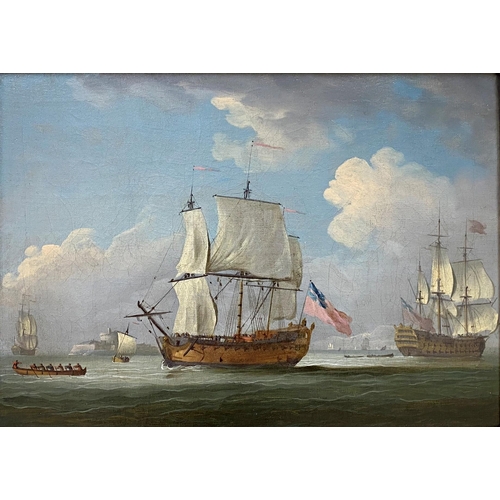 633 - Peter Monamy (1681-1749) - Pair of marine studies with warships and rowing boats, signed, oil on can... 