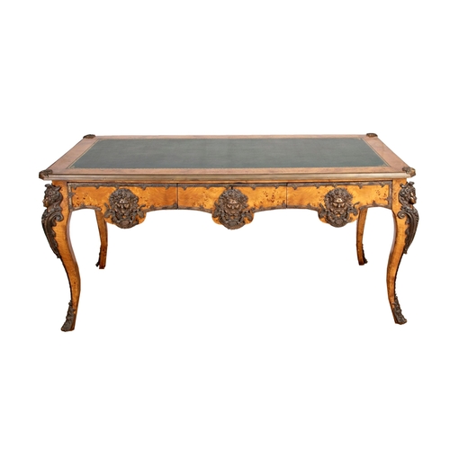 584 - Superior quality early 20th century burr walnut bureau plat, with gilt brass Bacchus and cherub moun... 