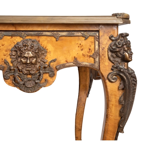 584 - Superior quality early 20th century burr walnut bureau plat, with gilt brass Bacchus and cherub moun... 