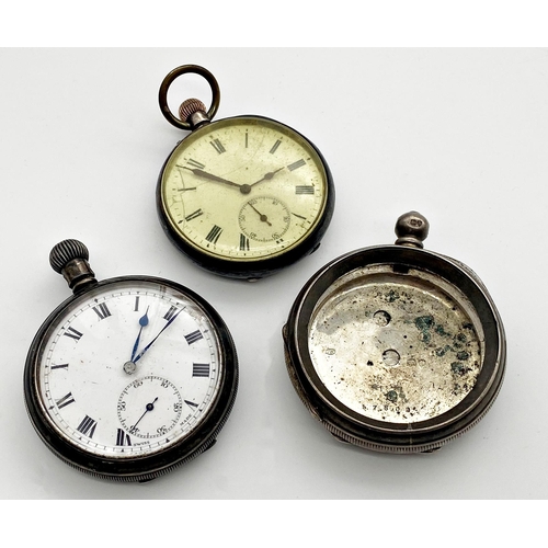 431 - Two antique silver pocket watches with a further silver pocket watch case, 218.8g gross