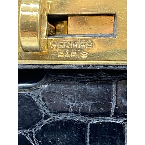 499 - Rare 1959 Hermes of Paris crocodile leather Kelly bag, with padlock, key and suede dust cover, 23 x ... 