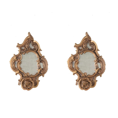 591 - Pair 18th century Venetian giltwood girandole wall mirrors, scrolled rococo frames, original mirror ... 