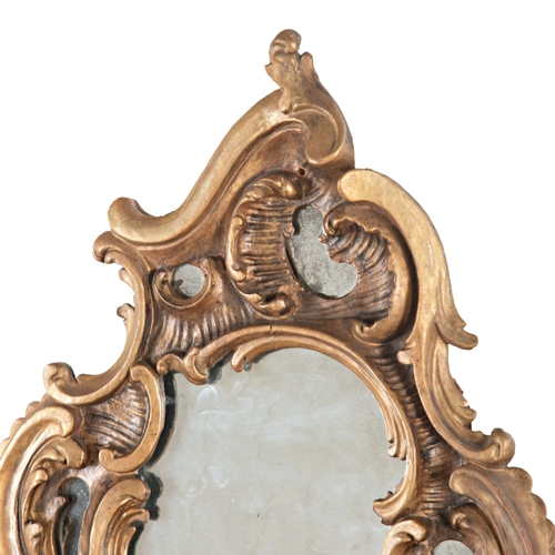 591 - Pair 18th century Venetian giltwood girandole wall mirrors, scrolled rococo frames, original mirror ... 