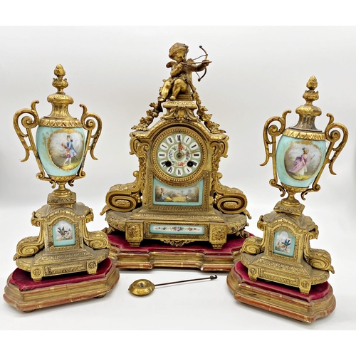 472 - Good quality French Sevres type porcelain and ormolu clock garniture the twin train dial with roman ... 