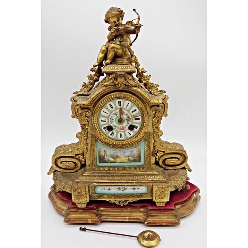 472 - Good quality French Sevres type porcelain and ormolu clock garniture the twin train dial with roman ... 