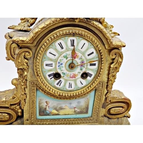 472 - Good quality French Sevres type porcelain and ormolu clock garniture the twin train dial with roman ... 