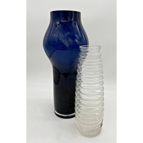 12 - Good quality tall Danish glass vase, with blue exterior and opaline interior, 42cm high with a furth... 