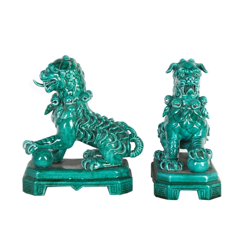 16 - Pair of Mid-century Bondia Spanish ceramic green glazed dogs of Foo, 42cm high x 34cm deep