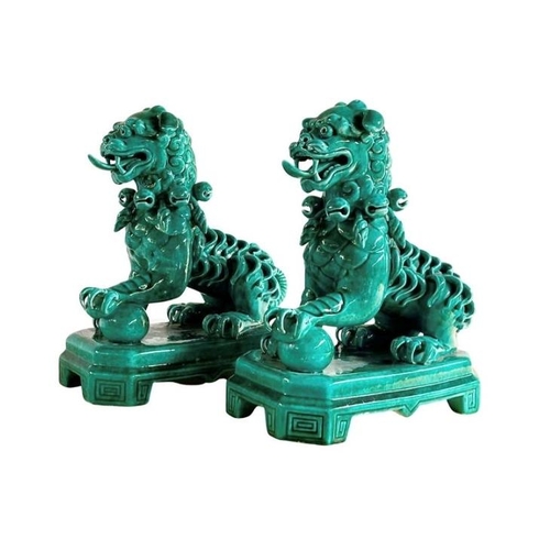 16 - Pair of Mid-century Bondia Spanish ceramic green glazed dogs of Foo, 42cm high x 34cm deep