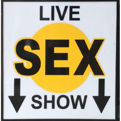 116 - Vintage racy illuminated sign, inscribed live sex show, 100cm x 100cm