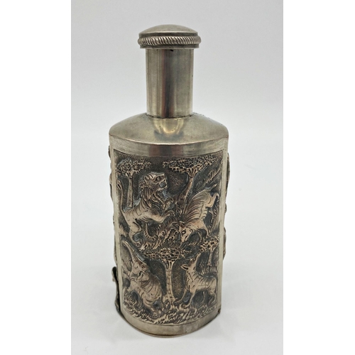 64 - Indian white metal bottle sleeve, with screw top and hinged base, decorated with various wildlife, 1... 