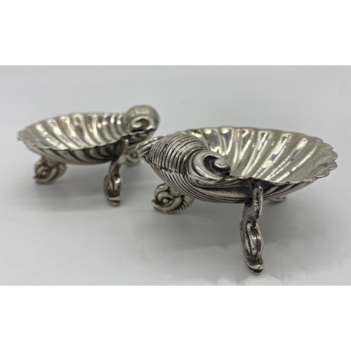 67 - Pair of good quality Victorian cast silver scallop shell salts, with dolphin feet, maker William Hut... 