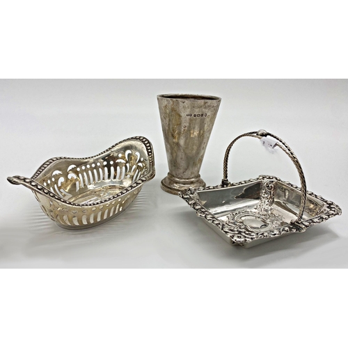 71 - Mixed silver - small basket with hinged handle, bonbon dish and tapered vessel, 5.5oz approx