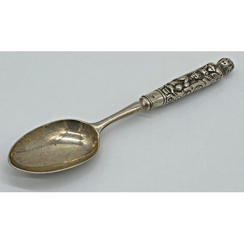 77 - Unusual Victorian silver character spoon, the embossed handle in the form of a lady and devilish fig... 