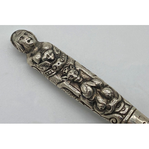 77 - Unusual Victorian silver character spoon, the embossed handle in the form of a lady and devilish fig... 