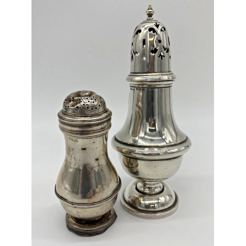 79 - Early 20th century silver baluster caster, maker SB & S Ltd, 18cm high, with a further Georgian exam... 