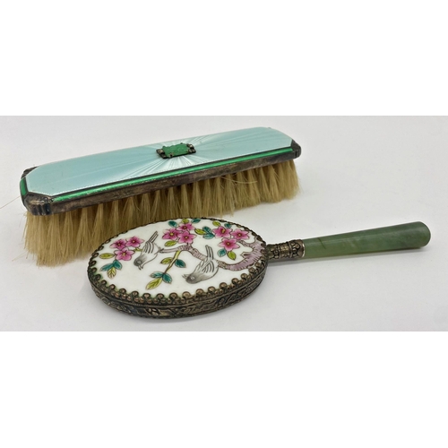 86 - Good quality Art Deco silver and enamel dressing brush centrally fitted with a jade panel, 14.5cm lo... 