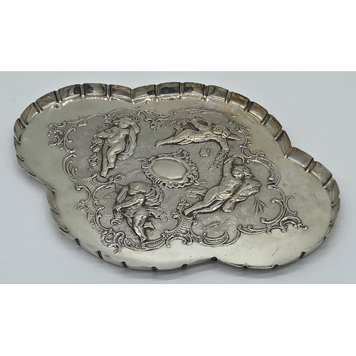 89 - Edwardian silver lobed silver dressing tray, embossed with cherubs, maker, Goldsmith & Silversmith C... 