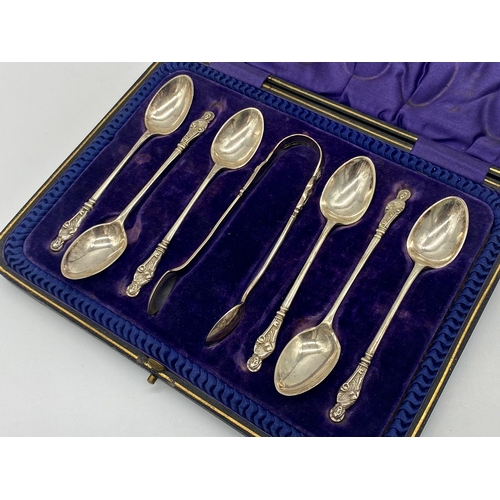 90 - Edwardian cased suite of six silver Apostle spoons with sugar tongs, maker JR, Sheffield 1904, 3.5oz... 