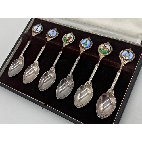 93 - Cased set of six horse racing related silver crested spoons, each with applied enamel plaque, with s... 