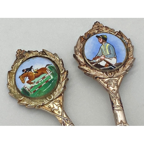 93 - Cased set of six horse racing related silver crested spoons, each with applied enamel plaque, with s... 