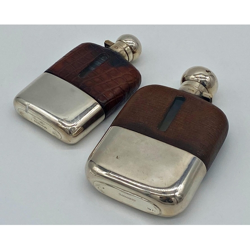 2 - Two James Dixon and Son leather and silver plate applied glass hip flasks, screw tops, 15 & 13cm hig... 