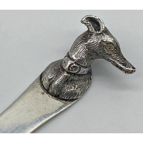 99 - Early 20th century novelty silver letter knifer, mounted by the bust of a greyhound, maker Stokes & ... 