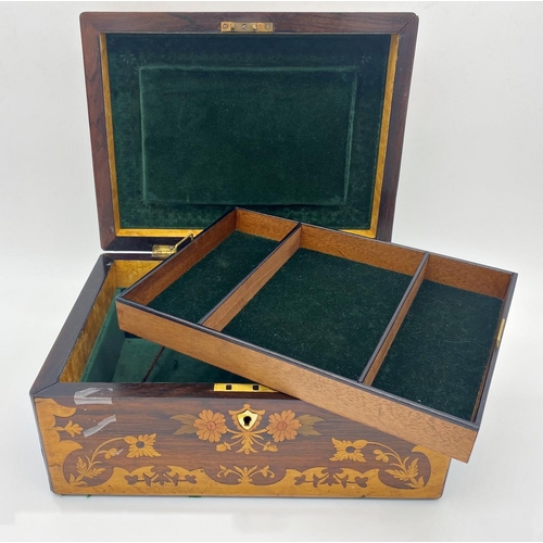 335 - Late 19th century rosewood marquetry box, the hinged lid decorated a floral still life with mother o... 