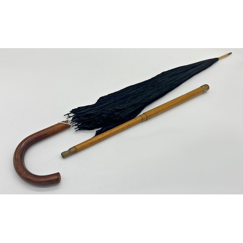 367 - A good quality early 20th century Crook handled walking cane with concealed parasol, 90cm long