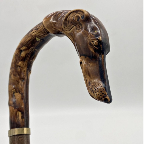 368 - A horn handled, silver collard bamboo walking cane together with a further crook handle dog headed c... 