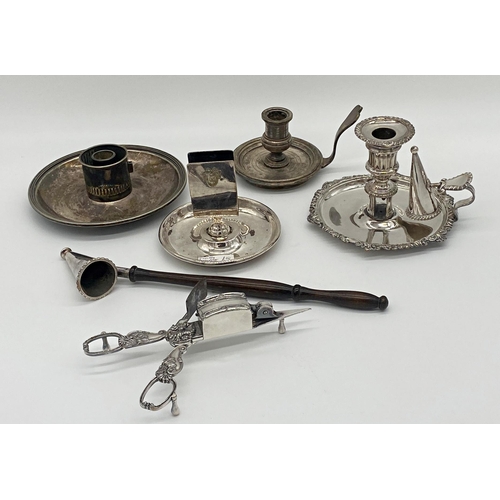 1 - Silver plate - three chamber sticks, one good quality antique example with club handle, candle snuff... 