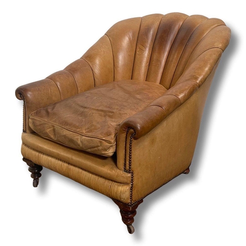 1240 - Quality large shell back leather armchair in honey tan with great patina and matching full button ch... 