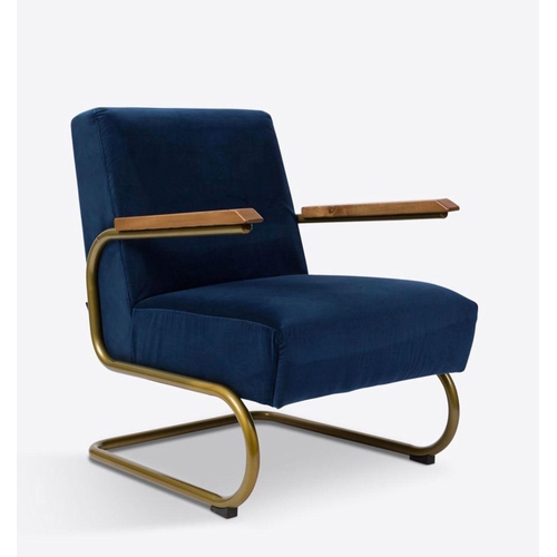 1241 - Pair of blue velvet armchairs in the manner of Thonet, metal frame and wood arms, 84cm h x 64 w x 81... 