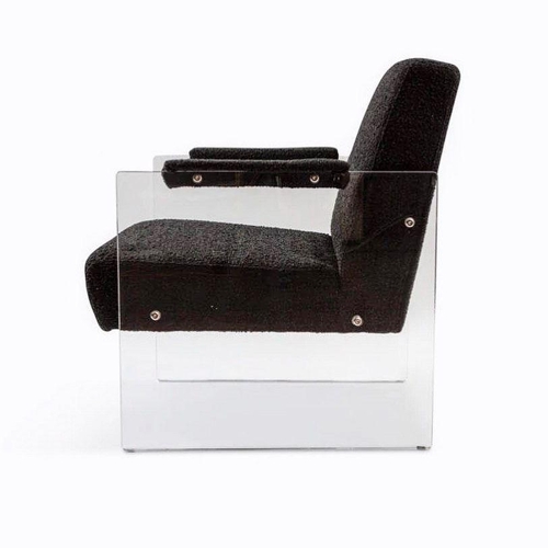 1242 - Black boucle and Lucite pair of armchairs in the manner of Milo Baughman, W 74cm, D 62cm, H 81cm