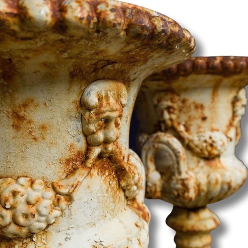 1036 - Large pair of French cast iron urns natural wear / patina, early 20th Century H 62 cm W 45 cm