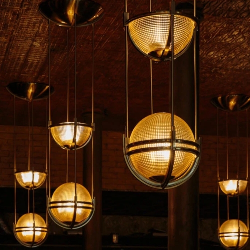 1065 - Pair of white metal, brass, Holophane glass Art Deco style lights made for a bar in central London, ... 