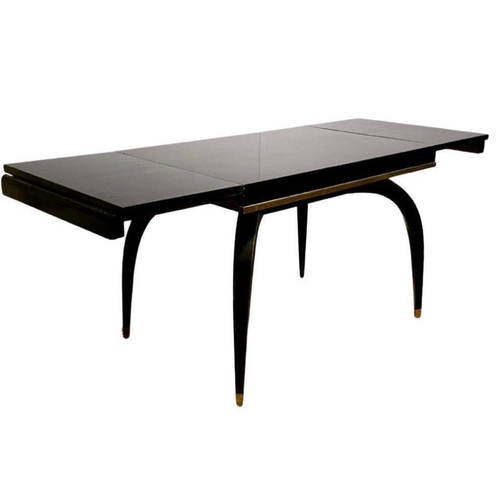 1244 - French Art Deco metamorphic dining table, black lacquer over mahogany with brass detailing, closed: ... 