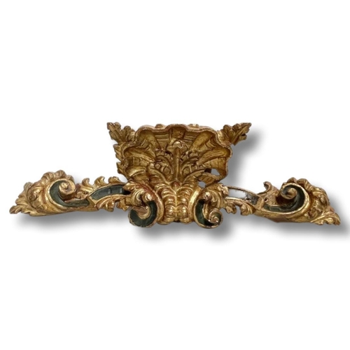 466 - Large Italian 18th century gilt and polychrome carved wood pediment from a German private collection... 