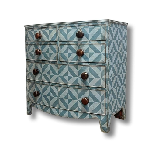 1251 - Good Antique English mahogany bow fronted chest of drawers with geometric design, later paint, 92cm ... 