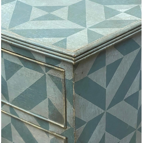 1251 - Good Antique English mahogany bow fronted chest of drawers with geometric design, later paint, 92cm ... 