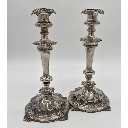 3 - Superior quality pair of William IV old Sheffield plate candlesticks, with acanthus decoration, 29cm... 