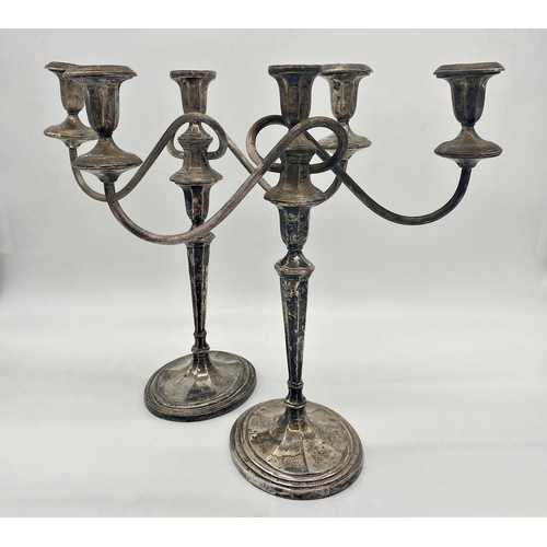 4 - Good pair of Regency silver plated twin branch candelabra, 40cm high