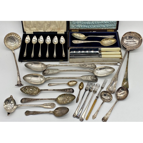 5 - Large collection of silver plated flatware to include three large serving spoons, three soup ladles,... 