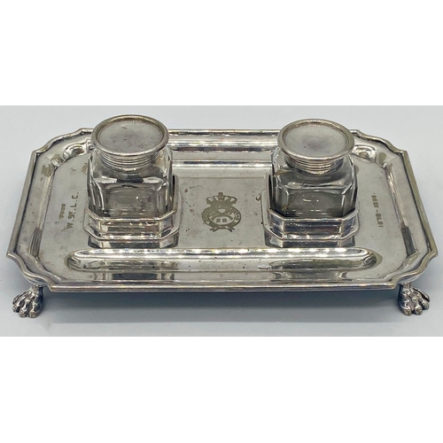 10 - Silver plate desk standish, with two glass inkwells, engraved with the Bombay Pioneers crest 1878-18... 