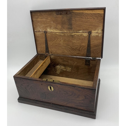 406 - Good 18th century elm candle box, hinged lid, fitted interior, 18cm high x 39cm wide