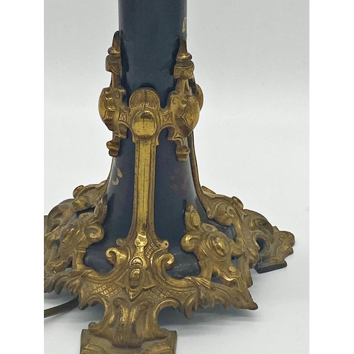 1052 - Incredible 19th century converted table lamp, with ebonised column inlaid with mother of pearl and e... 