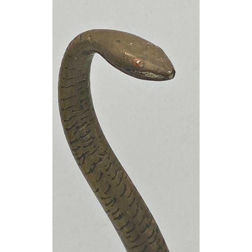 353 - Good pair of antique brass serpents standing at full height on their tails upon stepped circular mah... 