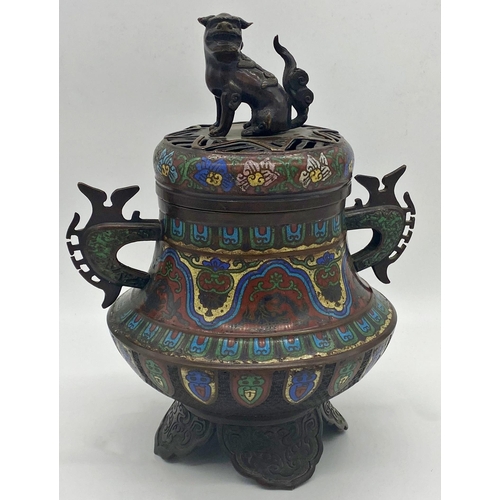 495 - Good Japanese bronze and cloisonne twin handled koro, the lid mounted by a seated Dog of Fo, 38cm hi... 