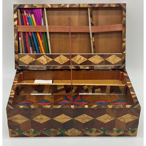 362 - Exceptional quality parquetry work or stationery box, the hinged lid with enamelled overlay of roses... 